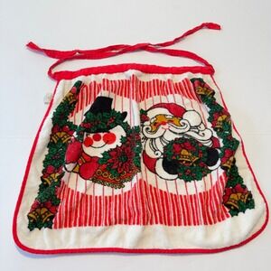 Vintage Royal Terry Christmas Half Apron Santa Snowman Terry Cloth Red White USA